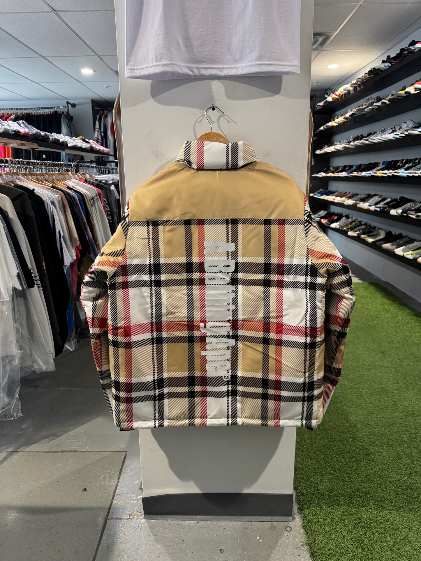 Bape Check Puffer Zip Up Jacket Beige