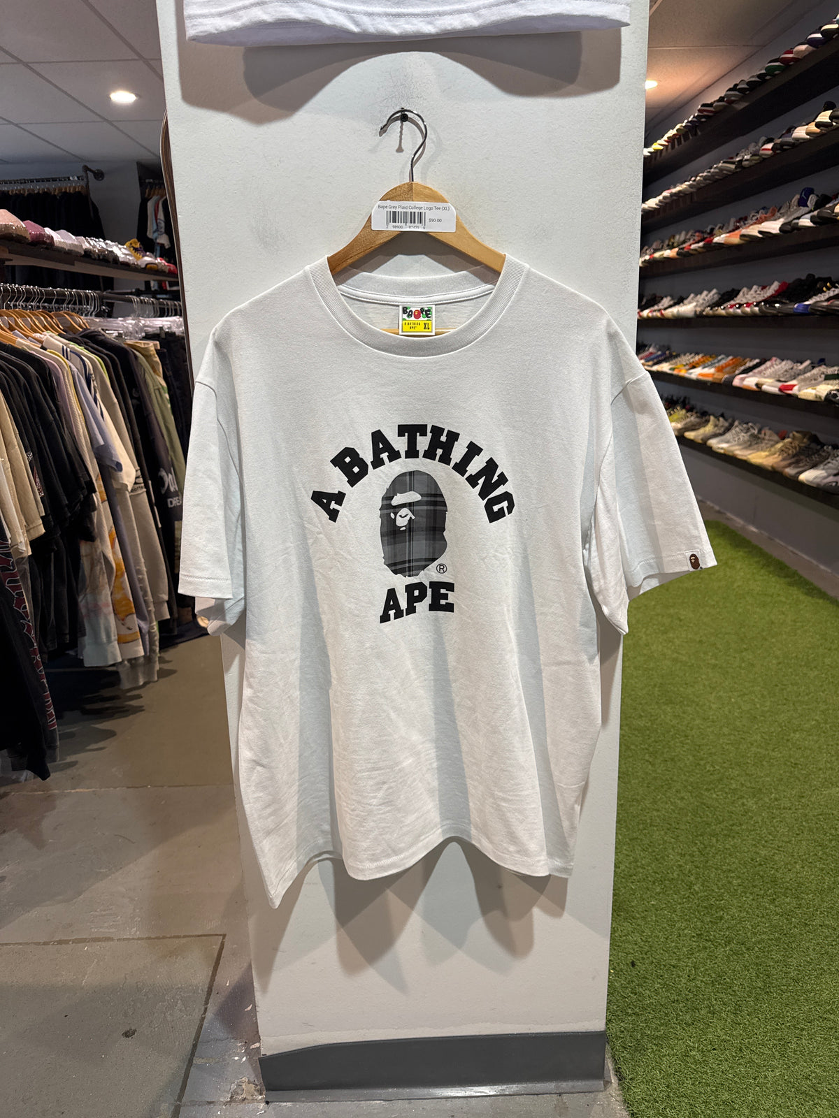 Bape Grey Plaid College Logo Tee (XL)
