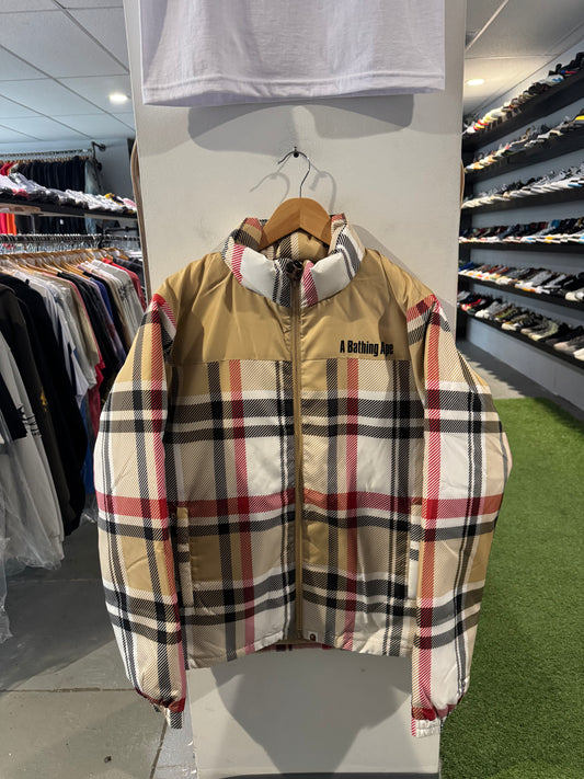 Bape Check Puffer Zip Up Jacket Beige