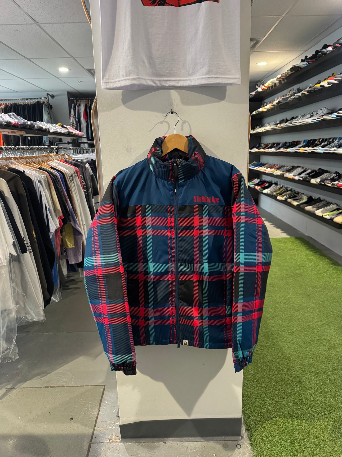 Bape Check Puffer Zip Up Jacket Blue